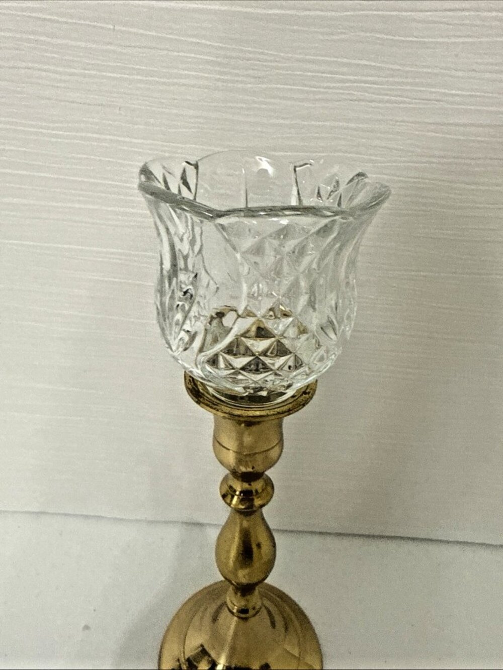 Homco Tulip Diamond Clear Votive Holder on Heavy Brass Candlestick Holder 10.75" - Picture 3 of 11